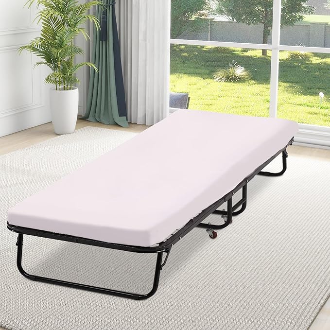 Folding Guest Bed with Wheels Portable Bed Extra Roll Away Foldable 3.9 Inch Comfort Foam Mattress Strong Sturdy Heavy Duty Frame for Home Restaurant, White