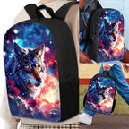 Wolf Backpack for School Space Galaxy Bookbag and Lunch Box Set for Boys Cool Lightweight School Bags for Boys 6-8 Ages Insulated Lunch Bags 3 in 1 Back to School Gifts