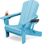 KINGYES Folding Adirondack Chair with Dual Cup Holders - HDPE All-Weather Outdoor Chairs, Wood-Like Patio Chair for Backyard, Camping, Pool & Fire Pit, Light Blue