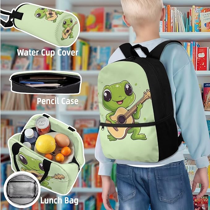 Frog Backpack Set for School with Lunch Box and Water Bottle Bag Kids Travel Backpack Boys Kindergarten Elementary Middle Lightweight Camping Travel Mochilas Escolares Para Niños