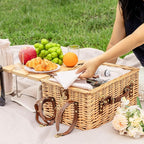 Multifunctional Wicker Picnic Basket Set for 4 Blanket Family Folding Wine Table,Insulated Portable Extra Big Storage Capacity Natural Woven Rattan Canasta De Full Tablewares Camping Outdoor Flowers