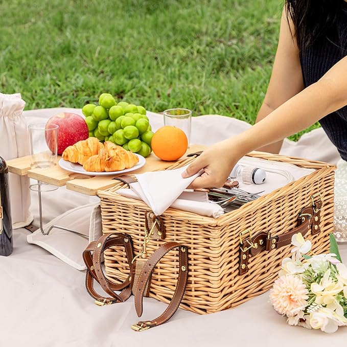 Multifunctional Wicker Picnic Basket Set for 4 Blanket Family Folding Wine Table,Insulated Portable Extra Big Storage Capacity Natural Woven Rattan Canasta De Full Tablewares Camping Outdoor Flowers