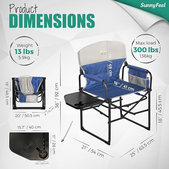 SUNNYFEEL Oversized Camping Directors Chair 2 Pack, Portable Folding Lawn Chairs for Adults Heavy Duty with Side Table,Pocket for Beach, Fishing,Picnic,Concert Outdoor, Foldable Camp Chairs