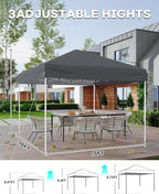 10x10 Pop Up Canopy Tent, Easy Up Canopy with 3 Adjustable Height, Outdoor Sun Shade with 4 Sandbags & Carrying Bag for Camping, Parties,Outdoor Events-Grey