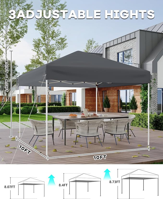 10x10 Pop Up Canopy Tent, Easy Up Canopy with 3 Adjustable Height, Outdoor Sun Shade with 4 Sandbags & Carrying Bag for Camping, Parties,Outdoor Events-Grey