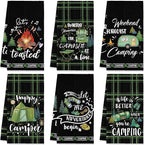 Redbaker 6 Pcs Camping Kitchen Towels Bonfire Tent Car Dishcloth Outdoors Happy Camper Hand Tea Towels Decorative Set Absorbent Camping Decor with Hanging Loop for Camper Gifts RV Accessories(Black)