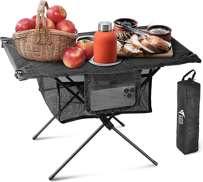 ZUNE LOTOO Portable Camping Table Folding, Small Beach Table Foldable with Drink Holder & Mesh Storage & Carry Bag Compact Camp Tent Side Table for Picnic Tailgate Travel Outdoor Fishing Backpacking