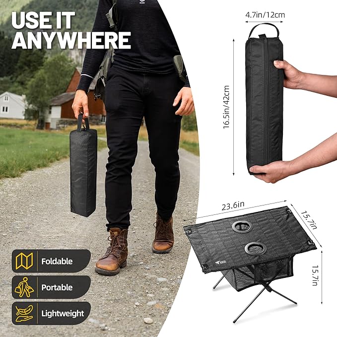 ZUNE LOTOO Portable Camping Table Folding, Small Beach Table Foldable with Drink Holder & Mesh Storage & Carry Bag Compact Camp Tent Side Table for Picnic Tailgate Travel Outdoor Fishing Backpacking