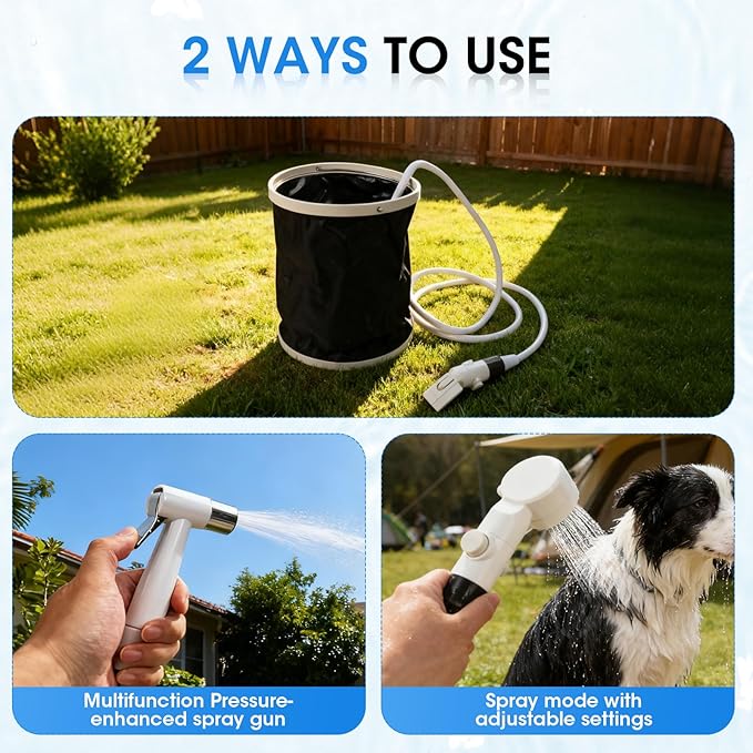 Portable Camping Shower, Outdoor Shower Kit with Pump, Hose, Spray Gun & Folding Bucket, Rechargeable Battery Powered Portable Shower for Camping, Hiking, Beach,RV,Pet Cleaning & Road Trips