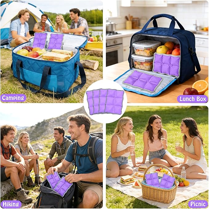 4pcs Reusable Ice Packs for Lunch Boxes & Coolers, (6”x4”x0.7”) Slim Freezer Packs for School Lunch Bags, Small Non-Toxic Cooler for Picnic & Camping