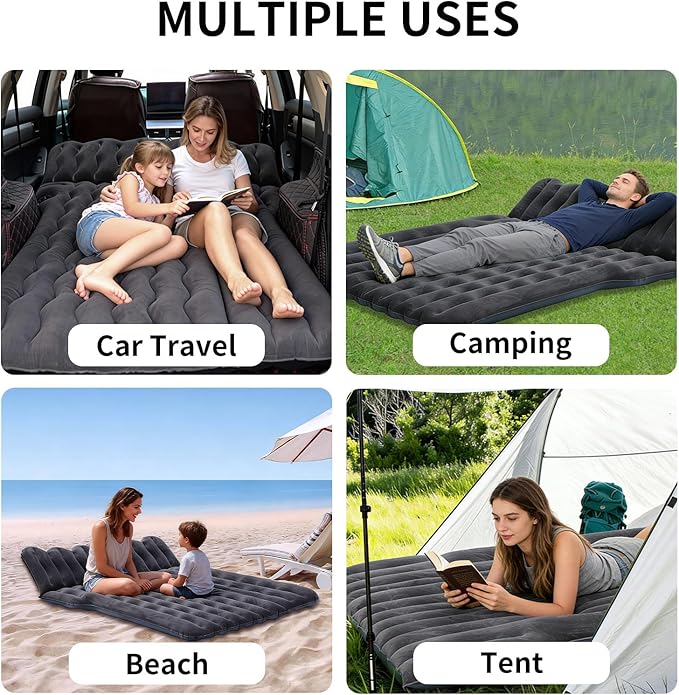 Car Air Mattress, Inflatable SUV Truck Camping Mattress for Back Seat, Thickened Travel Car Bed Sleeping Pad with Air Pump 2 Pillows (SUV-Black, SUV Air Mattress)