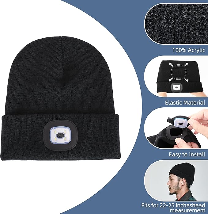 YMHB Unisex Beanie Hat with Light, USB Rechargeable LED Headlamp Hat Night Light Cap Christmas Stocking Stuffers Gifts for Men Dad Father Husband (Black)