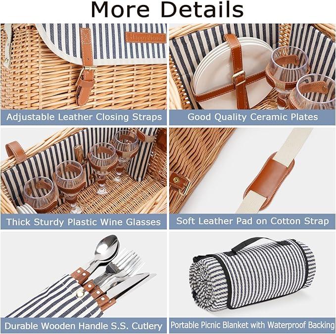 Wicker Picnic Basket for 4, 4 Person Picnic Kit, Willow Hamper Service Gift Set with Blanket Portable Bamboo Wine Snack Table for Camping and Outdoor Party