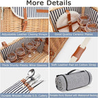 Wicker Picnic Basket for 4, 4 Person Picnic Kit, Willow Hamper Service Gift Set with Blanket Portable Bamboo Wine Snack Table for Camping and Outdoor Party
