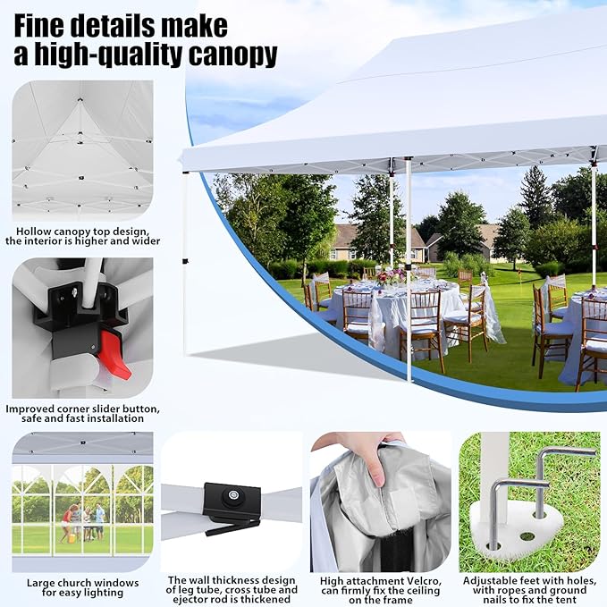 COBIZI Canopy 10x20 Pop Up Canopy Tent with Sidewalls, Waterproof Commercial Canopy Ez Outdoor Instant Gazebo UV Protection 50+ Event Shelter, Garden Tents for Parties with Sandbags, White