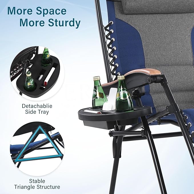 MFSTUDIO Zero Gravity Chairs Set of 2, XL Oversized Outdoor Anti Gravity Chair, Patio Lounge Folding Adjustable Chair with Cup Holder & Padded Headrest, Support 400lbs,Cyan