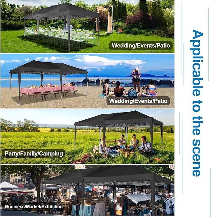 COBIZI 10x20 Pop up Canopy Tent Without Sidewall, Waterproof Portable Outdoor Canopy 10x20 Instant Shelter Tent for Parties, Wedding, Backyard, Carport with Carry Bag & 4 Sandbags(Black)