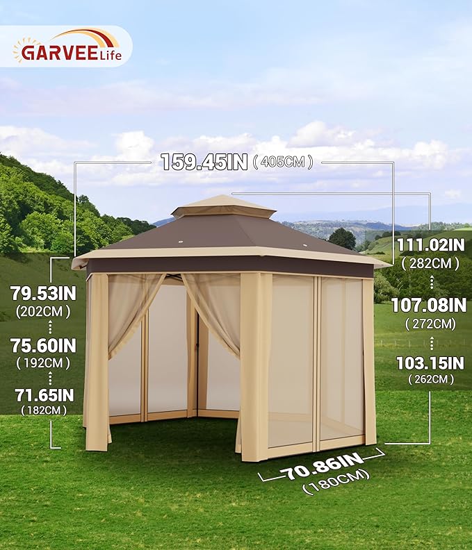 13x13 FT Pop-Up Gazebo – Double Roof, Mosquito Netting, Hexagonal Prompt Canopy Tent, UV & Rain Resistant, Adjustable Height, Portable Carry Bag for Patio, Backyard, Parties – Khaki + Beige