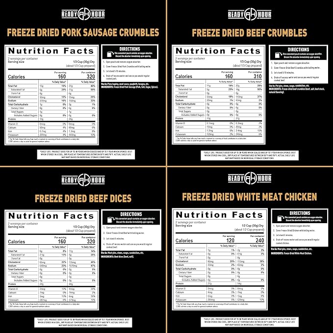 Ready Hour Freeze-Dried Meat Kit (20 Servings), Emergency Supply, Prepper Supply, Protein Source, Emergency Food, Prepper Survival Kit, Bulk Meat, Shelf-Stable, Long-Term Storage