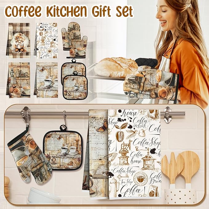 8 Pcs Coffee Kitchen Gift Dish Towel Pot Holder Oven Mitt Set 4 Tent Car Tea Towels with Funny Sayings Novelty 2 Oven Mitts 2 Pot Holders Coffee Accessories Decor for Rv