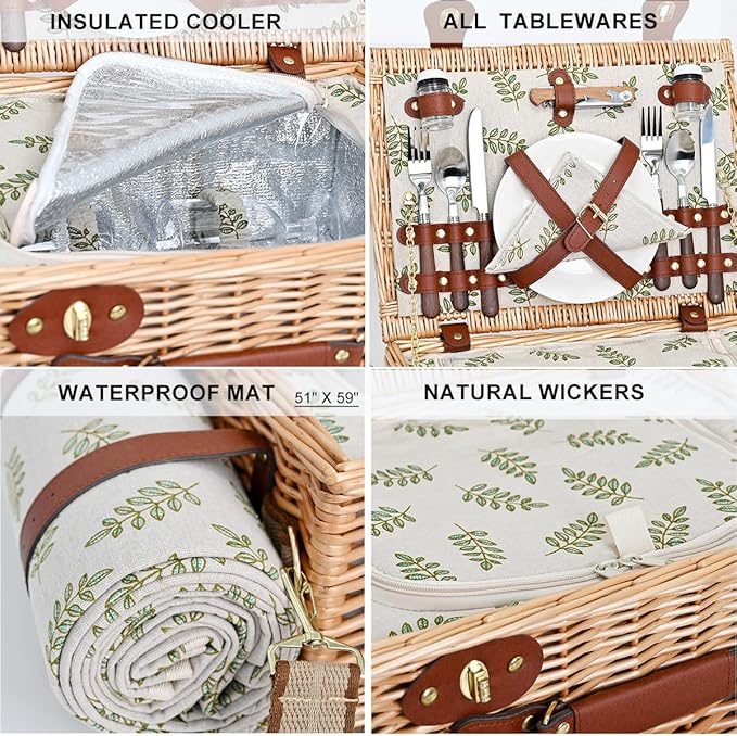 Picnic Basket with Blanket and Wine Pouch for 2, Wicker Picnic Set with Insulated Liner Cooler Bag Hamper for Camping,Wedding - Leaf