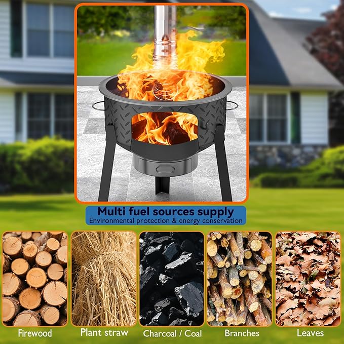 Multifunction Wood Burning Stove, 2.2mm Diamond-Pattern Steel Portable Grill,Rocket Stove with Large Grill Rack for Outdoor Cooking, Backyard, Camping & Off-Grid Living