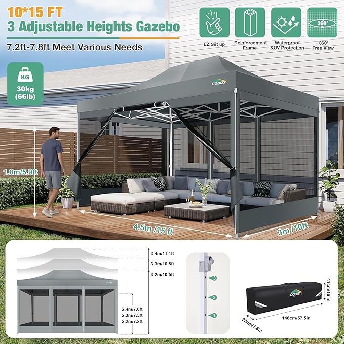 COBIZI 10x15 Heavy Duty Pop-Up Canopy Tent With Sidewalls, Waterproof Easy Setup, Mosquito Netting, Outdoor Instant Screen for Parties, Wedding, Backyard - Carry Bag Included, Gray