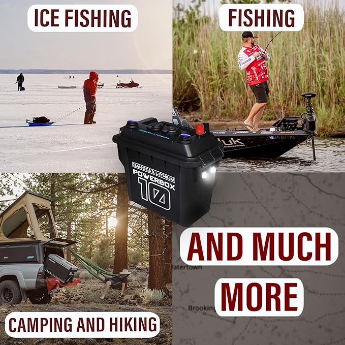 Dakota Lithium - Power Box with 12V 10Ah LiFePO4 Battery Included - 11 Year USA Warranty 2000+ Deep Cycle Battery Box with DC and USB Ports - Water/Shock Resistant - Camping, Off Grid, Marine, Kayak