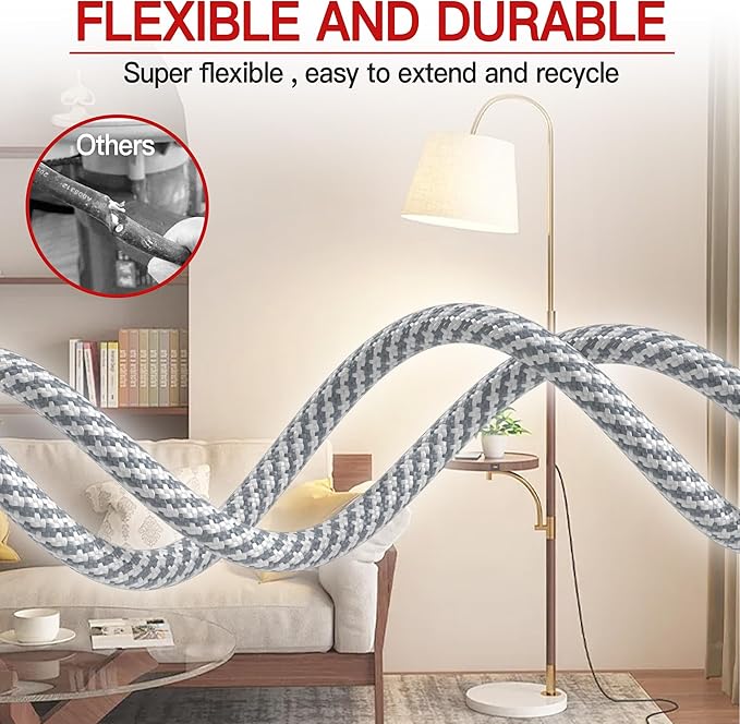 16/3 Braided Extension Cord 10 FT, Braided Extension Cord Flexible & Durable, Indoor 3 Prong Power Cable, Suitable for Home and Office, 13 Amp 1625 Watt 125VAC 16AWG, ETL Listed