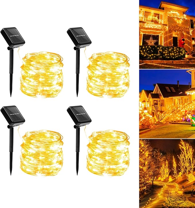 Solar String Lights Outdoor Waterproof, 4x56Ft 600LED 8 Modes Solar Powered Copper Fairy String Deck Twinkle Lights for Outside Christmas Party Yard Camping Holiday Decor 4Pack(Warm White)