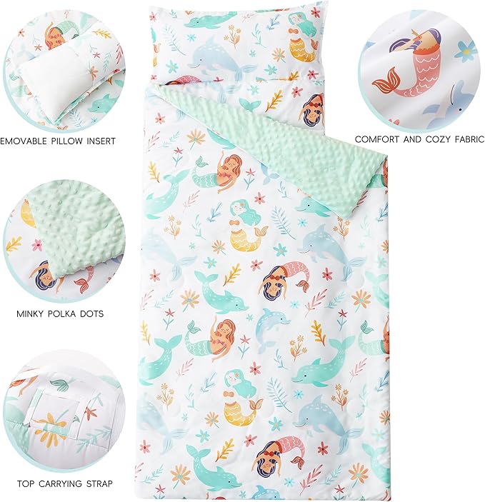 Bunnikins & Clover Toddler Nap Mat with Removable Pillow, Nap Mats for Preschool, Easy Clean Toddler Nap Pad for Kindergarten, Kids Sleeping Bag for Travel Camping