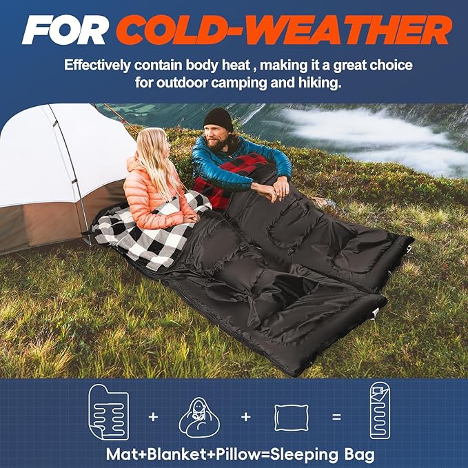 MEREZA Flannel Sleeping Bag for Adults Cold Weather, XL Sleeping Bag with Pillow for 30 Degree 4 Season Camping Large Big and Tall Sleeping Bags with Compression Sack