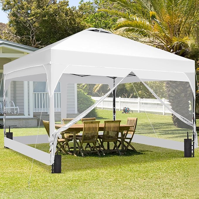 GDY 8x8FT Outdoor Pop Up Canopy Tent with One Push Setup, Easy Setup Gazebo with 4 PVC Transparent Sidewalls for Events, Parties, Camping, White
