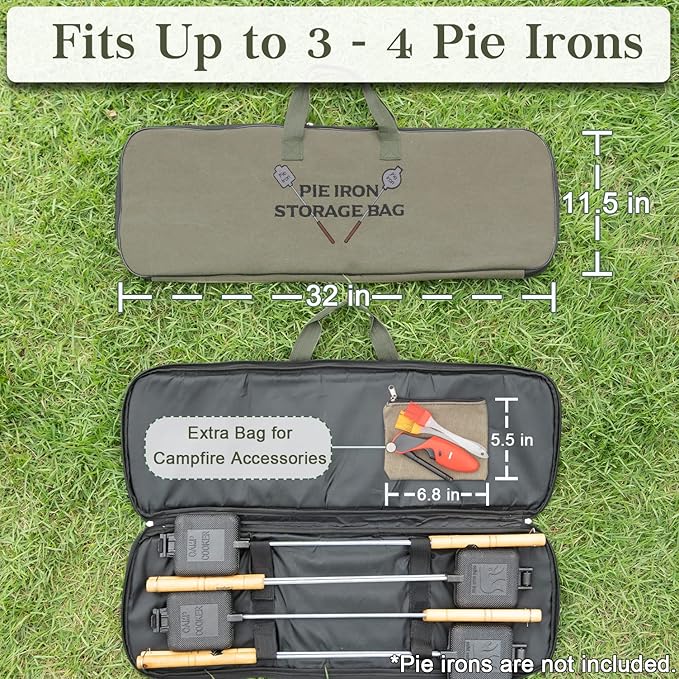 Deluxe Pie Iron Bag for Mountain Pie Maker Cast Iron Storage Fits up to 4, Heavy Duty Padding with Extra Pocket for Campfire Accessories, Strong Straps to Secure, Camping Storage Bag 32×12in