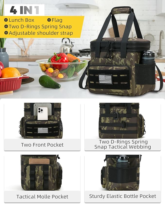 Tactical Lunch Bag & Lunch Box for Men - Large Double Deck Expandable Insulated Soft Adult Lunchbox for Work - Cooler Bag for Beach, Picnic, Camping,Outdoor，Travel (Camo,23L)