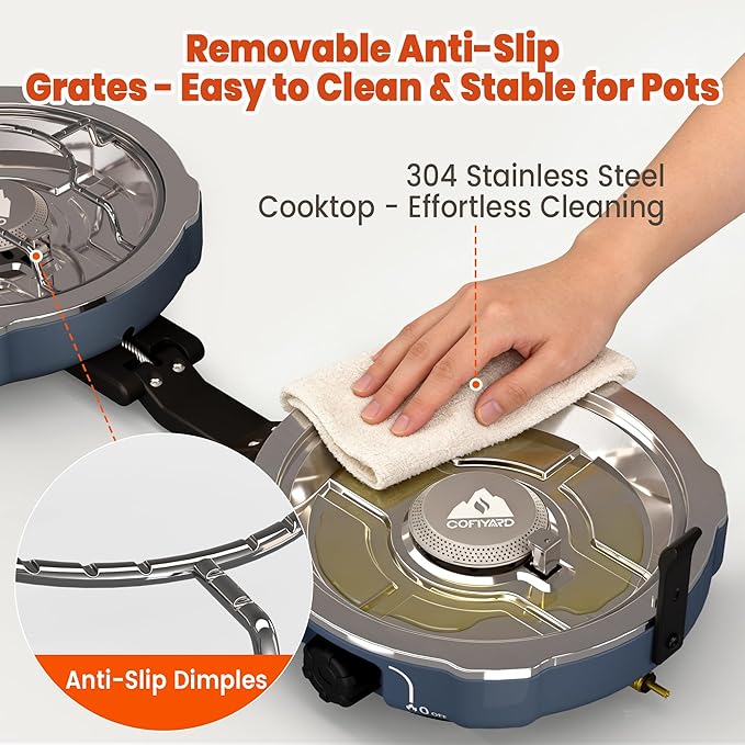 20,000 BTUs 2 Burner Propane Camping Stove, Portable Folding Camp Stove with Adjustable Burners, Built-in Ignition and Carrying Bag, Dual Gas Stoves for Tailgating, Camping, BBQ Overland Grey