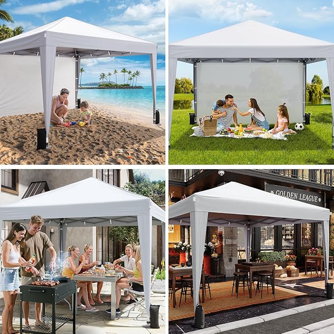 10x10 Pop Up Canopy with Sidewalls, Outdoor Instant Canopy Tent with Carry Bag for Commercial Events, Camping, Backyard Parties - White