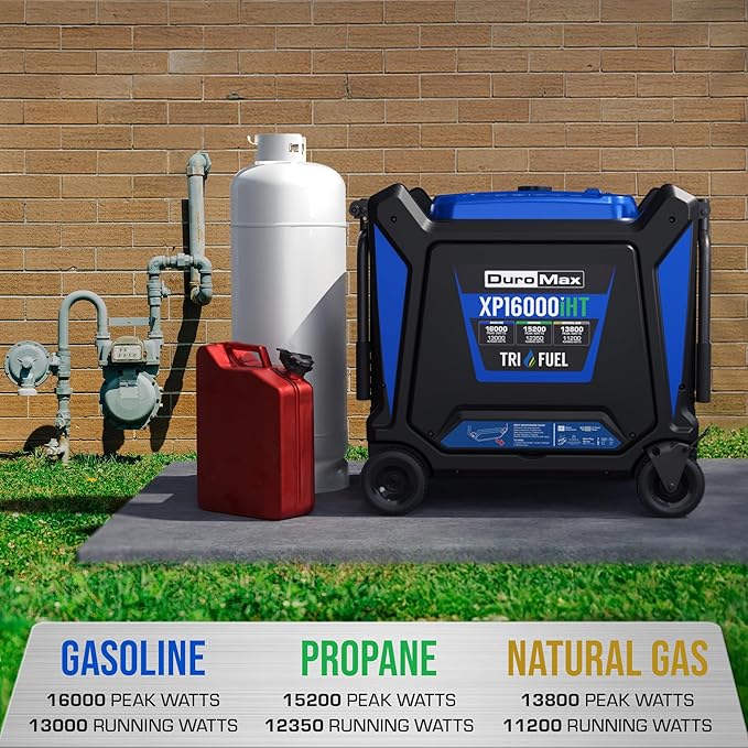 DuroMax XP16000iHT 16,000-Watt Tri Fuel Portable Digital Inverter Generator - Gas, Propane & Natural Gas, Remote Electric Start, Whole Home Power Backup, Transfer Switch Ready, RV & Emergency Ready
