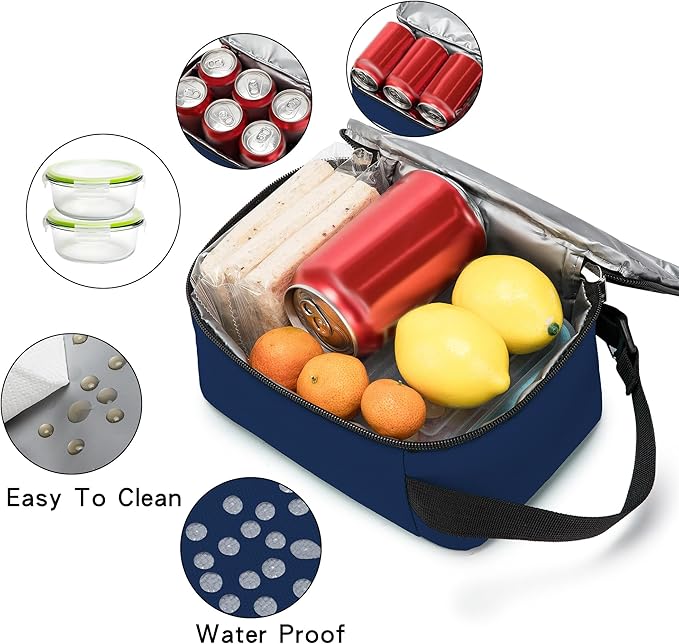 BEIMILY Mini Insulated Lunch Bag for Women Men,Portable Refrigerated Lunch Box,Soft Insulated Tote Cooler Bag for Work Camping Hiking Picnic with Comfort Handle and Removable Hand Strap,Dark Blue