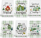 Redbaker 6 Pcs Camping Kitchen Towels Bonfire Tent Car Dishcloth Outdoors Happy Camper Hand Tea Towels Decorative Set Absorbent Camping Decor with Hanging Loop for Camper Gifts RV Accessories(White)