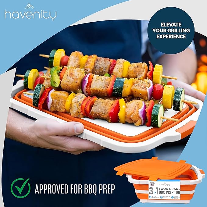 BBQ Prep Tub 8L - Multifunctional Collapsible Camping Cutting Board with Upgraded Locking Lid, Meat Storage Container for Meal Prep, Dish Basin Bowl Perfect for Grilling Outdoor (Large)
