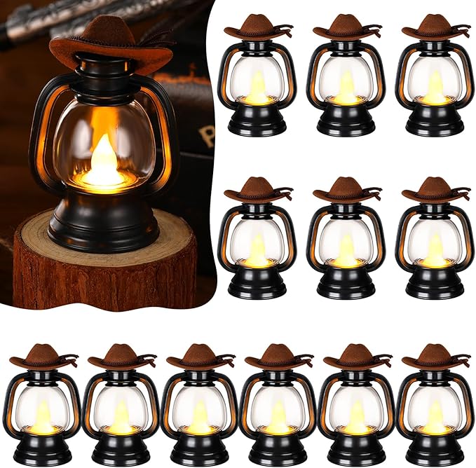 Ferraycle 12 Pcs Mini Cowboy Hats Lantern Decoration Western Cowgirl Lantern with LED Candle Small Brown Hanging Decor Rustic Camping Table Centerpieces for Wedding Birthday Party Supplies