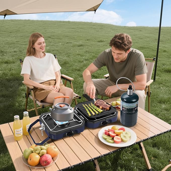 Dollate 2-Burner Propane Stove with Griddle and Carrying Bag, Portable Foldable Camping Stove with 2 Adjustable Burners 16000 BTUs,for Camping Tailgating Essentials Gear (Blue)
