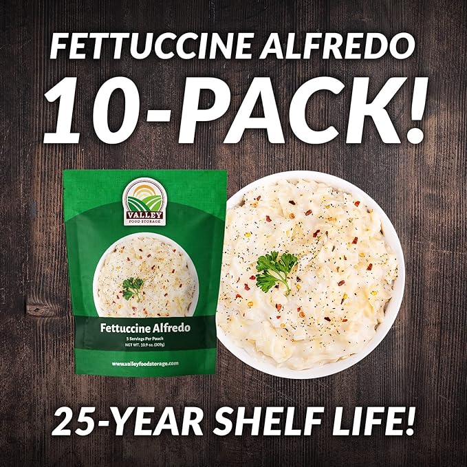 Valley Food Storage Fettuccine Alfredo | 10-Bag Bucket, 50 Servings | Premium Emergency Food Supply, 25 Year Shelf Life | Survival Meal Kits, Prepper Food, Camping & Long Term Food Storage | Packaged in USA
