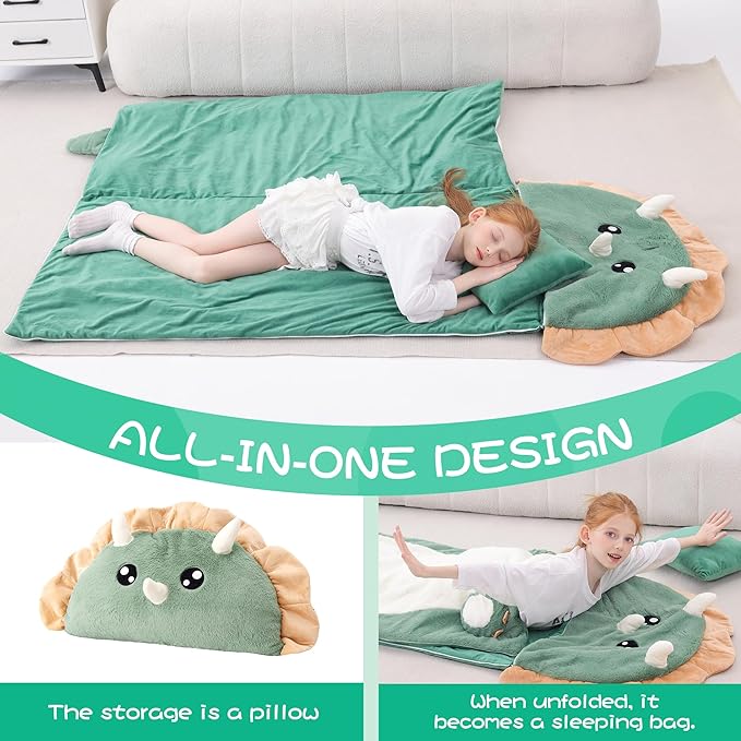 70" 4.2lbs Dinosaur Thickened Kids Nap Mat for Preschool, Daycare,Kindergarten,Soft Washable for Boys and Girls, 2-in-1 Stuffed Animals Sleeping Bag and Pillow, Sleep Sack for Toddlers