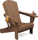SERWALL Folding Adirondack Chair, Dual Cup Holders & All-Weather HDPE, Wood-Like Patio Chair for Backyard, Camping，Pool & Fire Pit- Brown