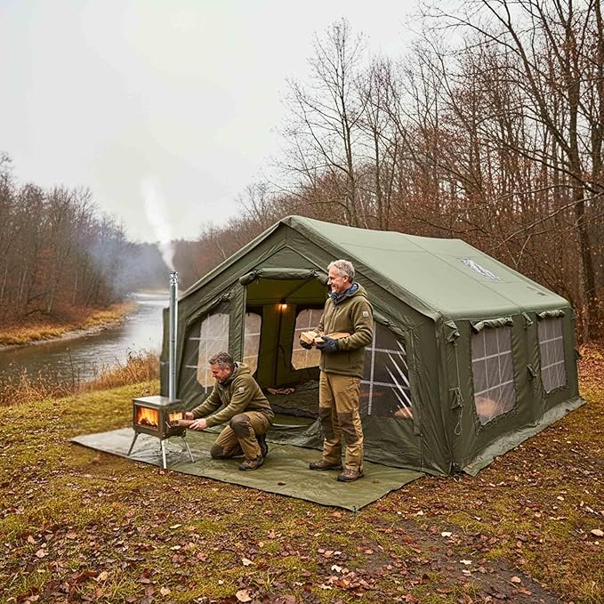 Coody Inflatable Canvas Camping Tents with Stove Jack – Premium Air Beam Family Glamping Tent, Breathable Cotton Canvas, Fast Setup Air Tent with Pump