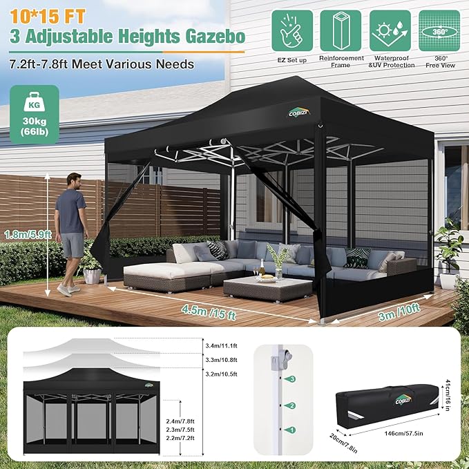 COBIZI 10x15 Canopy Tent, Heavy Duty Pop up Canopy with Sidewalls, Waterproof Easy Setup Canopy with Mosquito Netting, Outdoor Instant Screen Tents for Parties, Wedding, Backyard with Carry Bag, Black