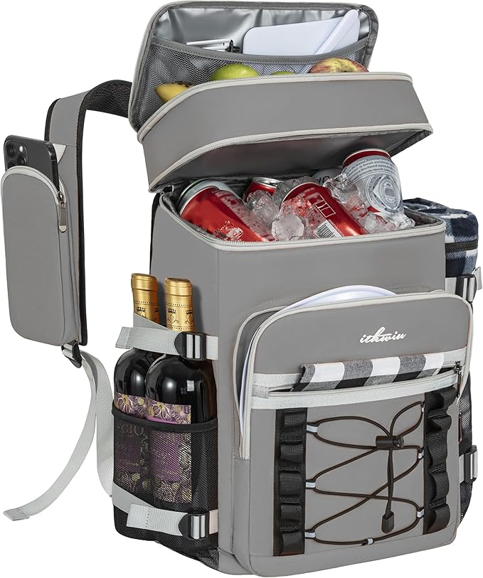 Cooler Backpack, 40 Cans Insulated Lunch Backpack Picnic Backpack for Men&Women, Durable Cooler Bag with 2 Leak Proof Compartments for Picnic, BBQ Camping, Lunch, Beach, Hiking, Gray