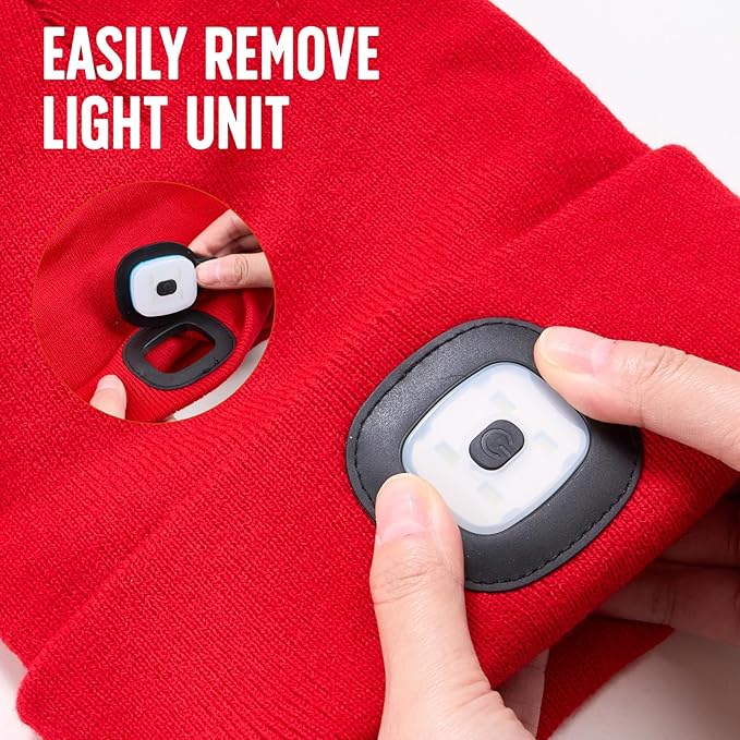 Unisex Beanie Hat with Light, Rechargeable Headlamps Cap, Gifts for Men, Hiking, Camping headlamps, Cool Gadget Birthday Gifts for Men, Women, Dad, Father, Boyfriend, Red